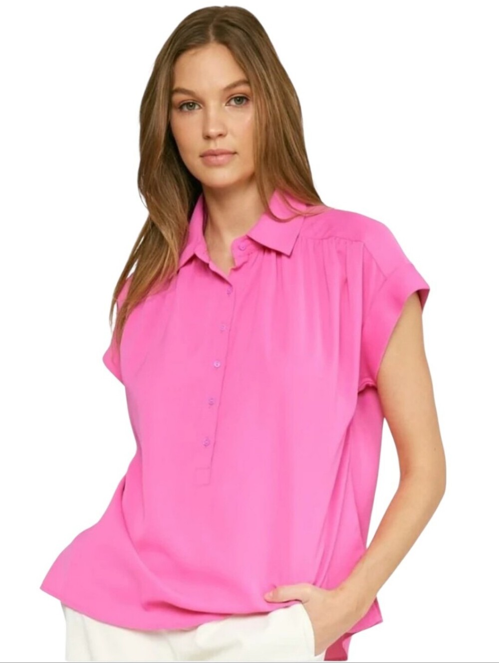 Women's Entro Pink Partial Button Front Shirt Sz Small